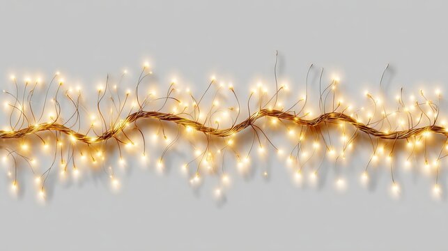 Horizontal warm yellow string lights on white background — minimal festive fairy light garland border, copy space, soft bokeh glow, holiday decoration banner, panoramic led twinkle lights