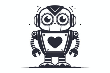 Cartoon Robot with Heart Shape and Big Eyes Isolated on White Background