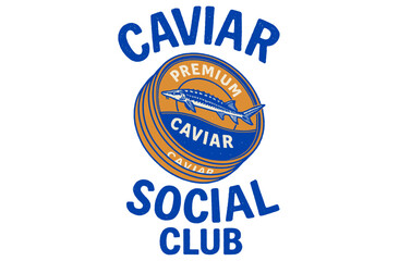 A vintage style logo design for a "Caviar Social Club," featuring a sturgeon fish and the text "Premium Caviar" within a circular emblem. This retro artwork is perfect for t-shirt prints. 