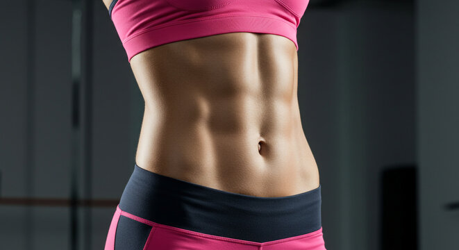 Close-up of a fit woman's torso, showcasing defined abdominal muscles and toned physique.