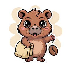 Fototapeta premium capybara character holding coffee beans and a bag adorable kawaii animal art Cute cartoon