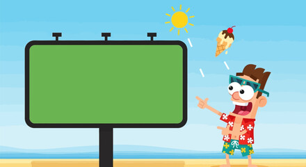 Beach Scene with Billboard and Excited Cartoon Man