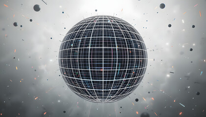 Dynamic digital globe with glowing grid and abstract particles creates futuristic technology and data visualization themes.