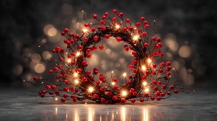 Glowing Christmas wreath with red berries and warm fairy lights on rustic wood — cozy winter holiday decoration and festive home décor background with soft bokeh and copy space