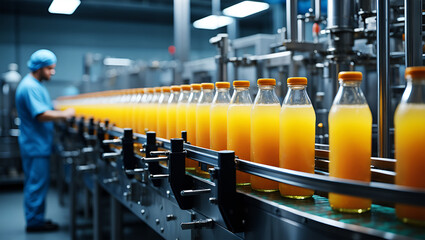 Orange juice bottles on automated conveyor belt beverage bottling