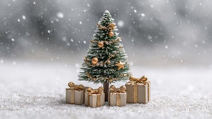 Obraz premium Miniature Christmas tree with golden garland and wrapped presents on snowy surface — festive winter holiday decoration background with copy space, minimal studio scene for greeting cards, posters