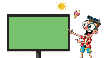 Cartoon Man in Summer Attire Pointing to Green Screen Display