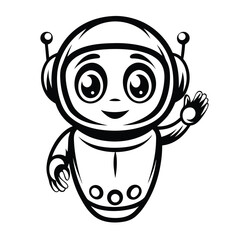 Charming Outlined Cartoon Robot Character on White Background