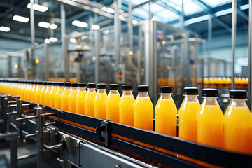 Orange juice bottles on automated production line beverage
