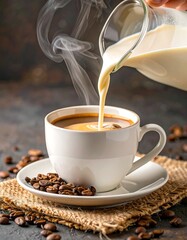 Steaming milk poured into coffee cup