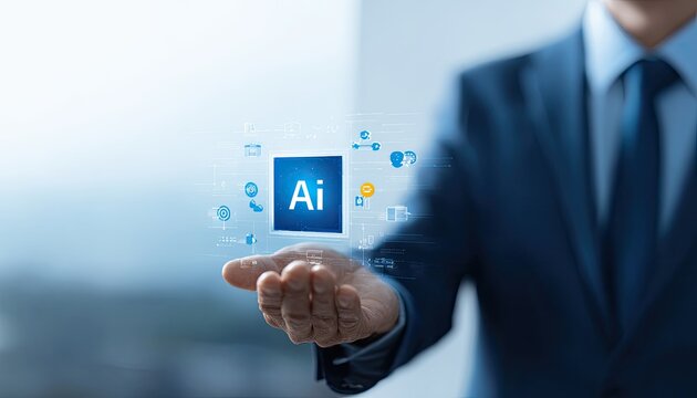 Businessman holding a holographic AI icon