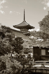 black and white picture  of the tower of Japanese temple in kyoto-Japan