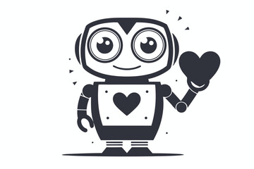 Cheerful Cartoon Robot Holding Heart in Hand on White Background