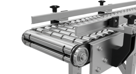 Stainless steel conveyor belt with rollers used in industrial settings for material handling transparent background, cutout PNG