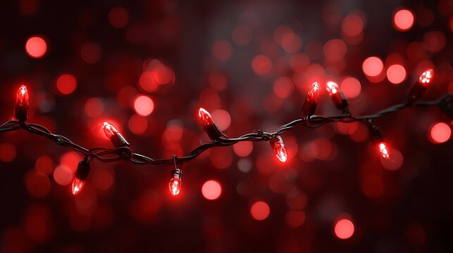 Red string lights bokeh background — warm twinkling fairy light garland, festive holiday glow on dark backdrop with copy space for banners, posters, greeting cards, and web headers