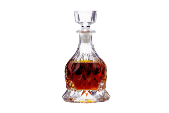 Crystal decanter containing brown liquor isolated as premium alcoholic drink presentation.