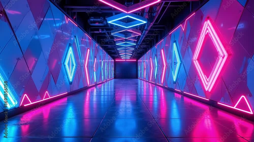 Wall mural futuristic neon tunnel with vibrant colors and geometric patterns creates a mesmerizing visual effec