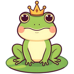 Fototapeta premium Kawaii frog with crown, sitting on a lily pad, pastel cartoon style, thick outline, magical vibe.