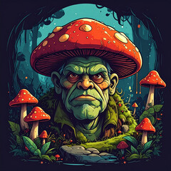Digital illustration of a grumpy green goblin elder, a solitary guardian of a magical and mysterious mushroom forest under a dark sky
