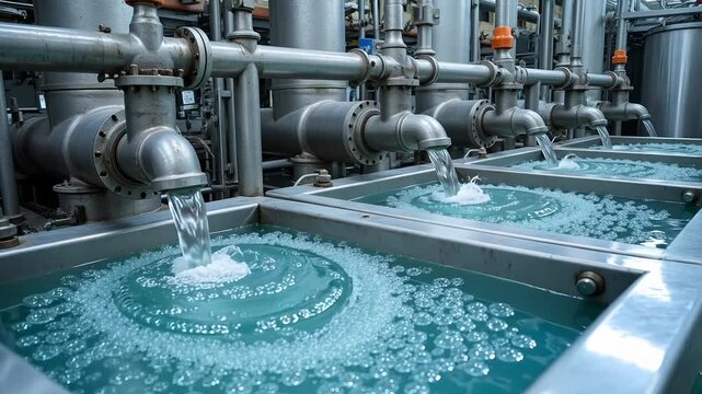 Dynamic 4k HQ video footage of industrial flow system with clear water, aerated filtration beds, and modern technology, showcasing efficiency