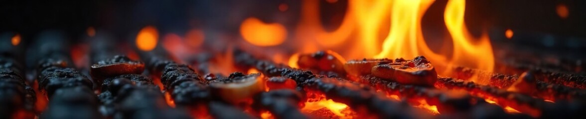 Close-up of vibrant flames licking a grilling surface, intense heat radiating, perfect for culinary themes or backgrounds  Shows delicious grilling potential ,  wood,  texture