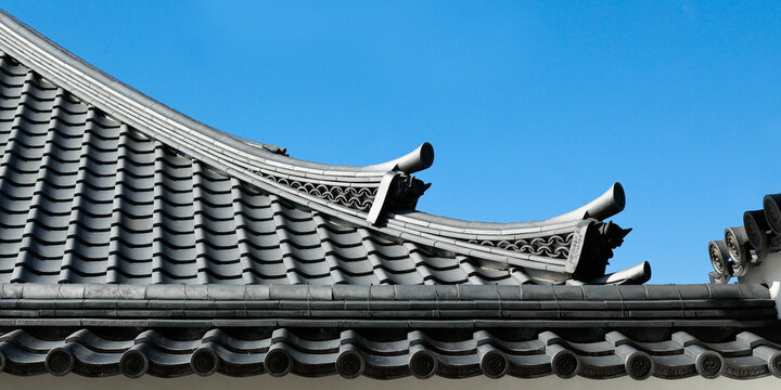 close up of detail of tile and roof in Japanese temple