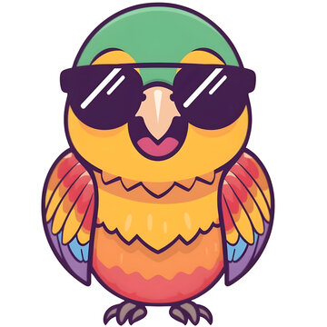 Happy parrot with rainbow feathers, wearing sunglasses, kawaii cartoon pastel style, tropical vibe (1)