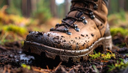Mud-caked boot sole close-up, showcasing rugged tread and textured leather. Heavy mud coverage
