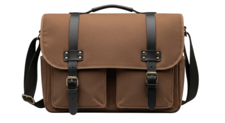 Stylish brown messenger bag with leather accents and multiple pockets for organization transparent background, cutout PNG