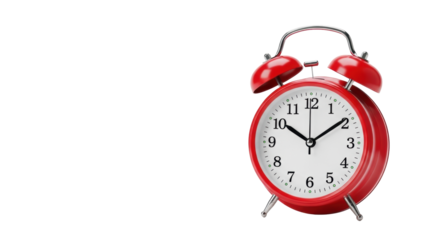 Vibrant red vintage twin-bell alarm clock with chrome details, white face, hands at 12:00, on a transparent background, 'Time Waits For No One' text. Concept of precise punctuality