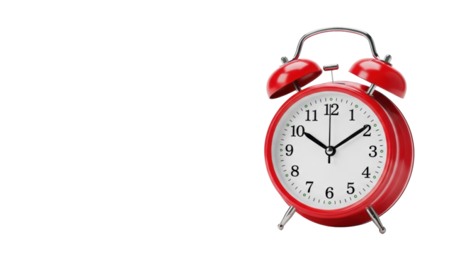 Vibrant red vintage twin-bell alarm clock with chrome details, white face, hands at 12:00, on a transparent background, 'Time Waits For No One' text. Concept of precise punctuality