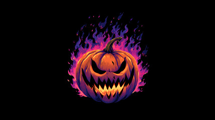 Sinister Halloween pumpkin with glowing flames, set against a dark background, perfect for spooky themes