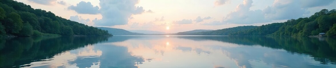 Serene lakeside scene perfect for relaxation Calm water reflects the tranquil sky, ideal for a peaceful escape Enjoy the quiet beauty of nature , outdoor, zen, leisure