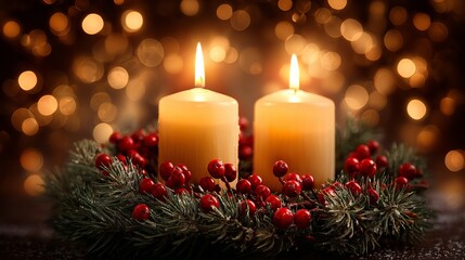 Two lit candles in evergreen wreath with red berries — warm candlelight Christmas centerpiece on golden bokeh background, cozy winter holiday home decor