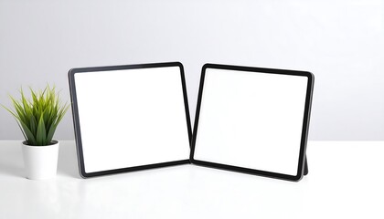 Fototapeta premium Minimalist Mockup: Two Blank Tablets & Potted Plant on White Surface