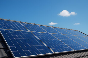 Clean Solar Panels on Modern Rooftop under Bright Blue Sky