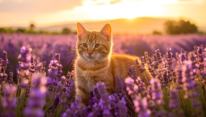 Orange kitten basking in sunset amidst lavender field. Peaceful, serene scene