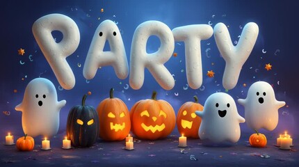 Halloween Party Invitation: A captivating visual for Halloween, with the word PARTY as a prominent, playful element. Playful, cartoonish ghost and carved pumpkins create a cheerful, spooky ambiance.