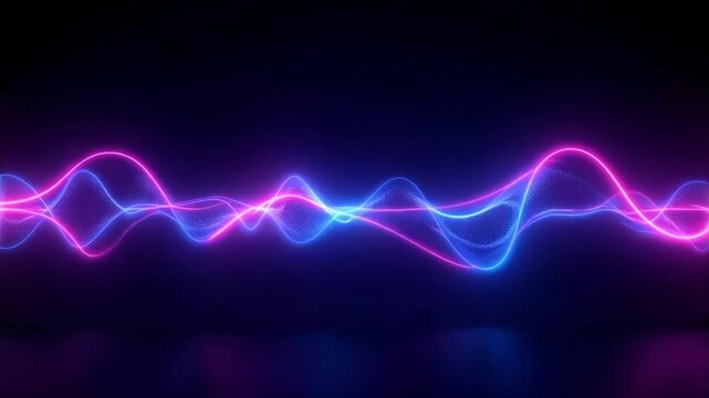 Dynamic neon audio waveform pulsing with vibrant blue and purple light against a dark background, visualizing sound frequency, perfect for music projects.