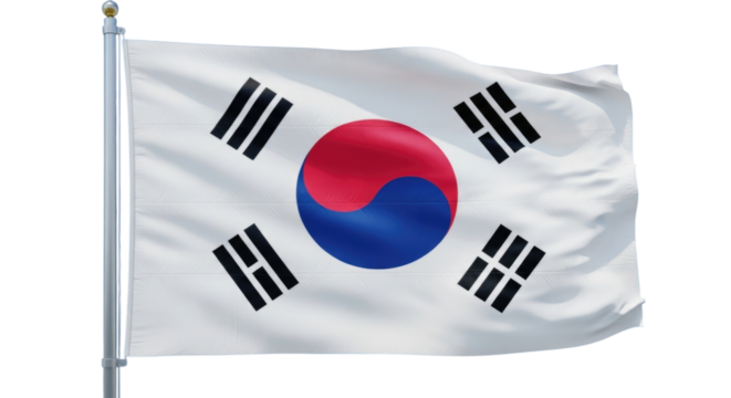 South Korea flag waving proudly against a clear sky transparent background, cutout PNG