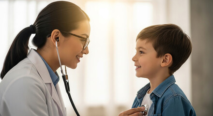 A young, friendly female doctor wearing glasses listens to the chest of a smiling boy with a stethoscope.