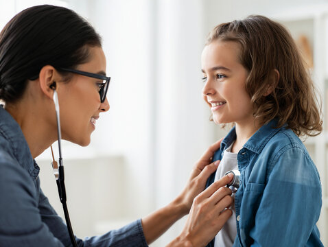 A young, friendly female doctor wearing glasses listens to the chest of a smiling boy with a stethoscope. - Powered by Adobe