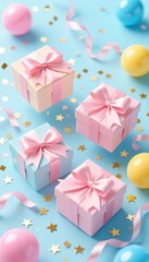 Obraz premium Cute Gift Boxes and Balloons on Pastel Blue Background Celebration