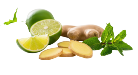 Fresh ginger, lime, and mint arranged for a refreshing beverage or dish with a transparent background, cutout PNG