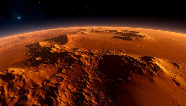Martian landscape at dawn. Vast orange terrain