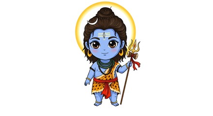 Fototapeta premium Cartoon Figure Holding a Staff with Trident and a Golden Halo
