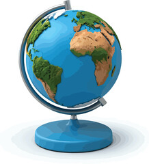 A stylized illustration of a terrestrial globe, showcasing continents and oceans, symbolizing global connectivity, geography, and education on a crisp white background