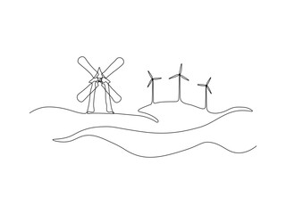Fototapeta premium Dutch countryside landscape, windmill and wind turbines, continuous one line art hand drawing sketch, logo