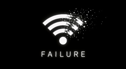 Broken Wireless Signal Icon with Failure Text on Black Background