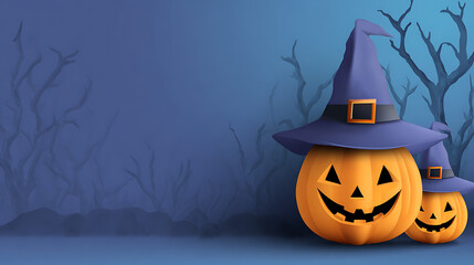 Two smiling Halloween pumpkins with purple witch hats against a spooky blue background
